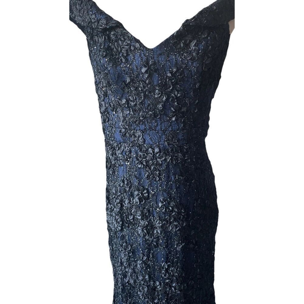 XSCAPE Off The Shoulder Evening Formal Navy Blue Gown Sequins Lace Size 12 NEW - Picture 7 of 10